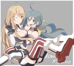  2girls ahoge asymmetrical_legwear bare_shoulders blonde_hair blue_hair blush_stickers boots breasts cosplay elbow_gloves garter_straps gloves grey_background grey_eyes grey_hair hair_between_eyes hand_up hug iowa_(kancolle) iowa_(kancolle)_(cosplay) kantai_collection kiyoshimo_(kancolle) large_breasts long_hair looking_at_viewer low_twintails miniskirt mismatched_legwear multicolored_hair multiple_girls navel one_eye_closed open_mouth riz_(ravel_dc) sitting sitting_on_lap sitting_on_person skirt smile star-shaped_pupils star_(symbol) symbol-shaped_pupils thighhighs twintails zettai_ryouiki 