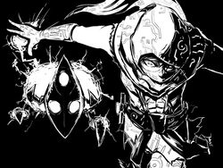  1boy abs black_background commentary_request covered_mouth gloves greyscale hood league_of_legends male_focus malzahar monochrome outstretched_arms taishi_(c+na) voidling 