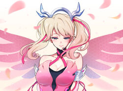  alternate_hairstyle alternate_wings bare_shoulders blonde_hair blue_eyes blush breasts cleavage collarbone commentary_request criss-cross_halter dress elbow_gloves female gloves gradient_background hair_ribbon halo halterneck looking_at_viewer mechanical_halo medium_breasts medium_hair mercy_(overwatch) official_alternate_costume overwatch overwatch_1 petals pink_dress pink_gloves pink_mercy pink_ribbon pink_wings ribbon smile solo spread_wings tan_background taut_clothes taut_dress twintails upper_body wings zonana 