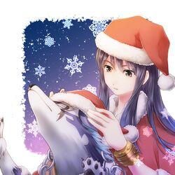  1boy bad_id bad_pixiv_id black_eyes black_hair blue_background bracelet chains christmas hat jewelry kururi_(oekaki_nikki) long_hair male_focus official_alternate_costume repede_(tales) santa_costume santa_hat scar snowflakes tales_of_(series) tales_of_vesperia yuri_lowell yuri_lowell_(winter&#039;s_night_delivery_man) 