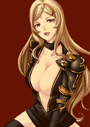  black_thighhighs blonde_hair braid braided_bangs breasts center_opening commentary_request drag-on_dragoon drag-on_dragoon_3 female five_(drag-on_dragoon) large_breasts looking_at_viewer mole mole_under_eye open_mouth oshugu red_background simple_background single_braid smile solo thighhighs tongue 