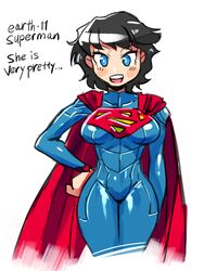  black_hair blue_eyes breasts cape crap-man dc_comics english looking_at_viewer rule_63 solo superman superman_(series) text 