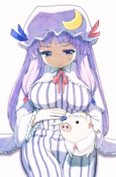  anger_vein annoyed blue_ribbon breasts chinese_zodiac collared_dress commentary_request cosplay crescent crescent_hat_ornament dress female hands_on_own_stomach hat hat_ornament hat_ribbon large_breasts light_purple_hair long_hair long_sleeves looking_down neck_ribbon on_lap partial_commentary patchouli_knowledge patchouli_knowledge_(cosplay) pig purple_eyes red_ribbon ribbon shaded_face shadow shirt sitting striped tail tail_wagging tani_takeshi touhou vertical_stripes very_long_hair white_background wide_sleeves year_of_the_pig 