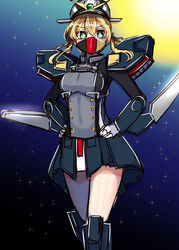  +_+ blonde_hair blue_eyes commentary_request female g_gundam gloves gundam gundam_spiegel hat kantai_collection long_hair mask parody peaked_cap prinz_eugen_(kancolle) schwarz_bruder tenken_(gotannda) twintails 