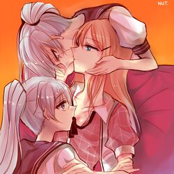  3girls akuma_no_riddle artist_name banba_mahiru banba_shin&#039;ya black_ribbon blonde_hair blue_eyes breasts cleavage collarbone commentary_request coonut dual_persona grey_eyes grey_hair hair_ornament hanabusa_sumireko high_ponytail high_side_ponytail kissing long_hair mouth_hold multiple_girls neck_ribbon orange_background ribbon scar scar_across_eye scar_on_face school_uniform serafuku shirt short_sleeves side_ponytail simple_background small_breasts upper_body white_shirt yuri 