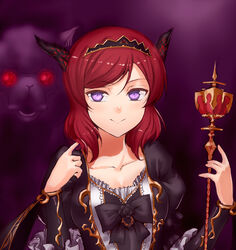  black_hairband black_neckwear breasts cleavage collarbone commentary_request female hair_between_eyes hairband holding holding_staff horns jyon long_sleeves looking_at_viewer love_live! love_live!_school_idol_project medium_breasts nishikino_maki purple_eyes red_hair short_hair smile solo staff swept_bangs upper_body 