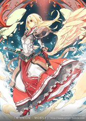  armor blonde_hair commentary_request copyright_request dress female gloves ian_olympia long_hair red_eyes skirt solo sword weapon wings 