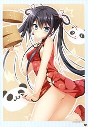  absurdres ass bare_legs black_hair blue_eyes blush breasts china_dress chinese_clothes dress dress_tug earrings erect_nipples female female floral_flowlove highres jewelry looking_at_viewer medium_breasts no_bra no_panties panda polka_dot polka_dot_background red_dress scan sideboob solo star tokisaka_nanao toranosuke 