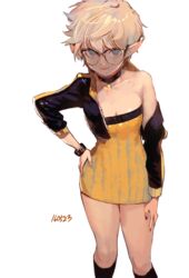  arm_at_side bare_shoulders black-framed_eyewear black_jacket black_nails black_socks blonde_hair blue_eyes breasts choker cleavage closed_mouth collarbone commentary_request creator_(dungeon_and_fighter) cropped_jacket dress dungeon_and_fighter feet_out_of_frame female glasses hand_on_own_hip highres jacket kneehighs long_sleeves looking_at_viewer medium_breasts nail_polish off_shoulder open_clothes open_jacket pointy_ears short_hair simple_background smile socks solo standing strapless strapless_dress takssmask unzipped white_background wristband yellow_dress 