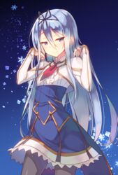  black_pantyhose black_ribbon blue_eyes blue_hair commentary_request female hair_ribbon hands_in_hair krulcifer_einfolk long_hair pantyhose ribbon saijaku_muhai_no_bahamut smile snowflakes solo tahya 