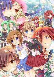  4boys 6+girls :d ;) ^_^ angel_mort animal_ears beatrice_(umineko) beret blonde_hair blue_eyes blue_hair bow brown_hair bug butterfly camera closed_eyes commentary_request company_connection creator_connection crown enjoy_mix flower frederica_bernkastel glasses green_eyes green_hair grin hair_bobbles hair_bun hair_flower hair_ornament hat higurashi_no_naku_koro_ni in-franchise_crossover lambdadelta lion_ears maebara_keiichi maria_(umineko) multiple_boys multiple_girls necktie one_eye_closed open_mouth photoshop_(medium) pink_hat pink_necktie red_eyes red_hair ryuuguu_rena sakutarou_(umineko) school_uniform serafuku single_hair_bun smile sonozaki_mion sonozaki_shion striped_clothes striped_thighhighs thighhighs tomitake_jirou umineko_no_naku_koro_ni ushiromiya_ange ushiromiya_battler ushiromiya_maria yellow_eyes 