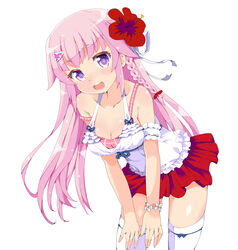  :d blush bracelet breasts cleavage commentary_request female flower hair_flower hair_ornament hairclip heart heart-shaped_pupils jewelry leaning_forward medium_breasts open_mouth original pink_hair sasago_kaze smile solo strap_slip symbol-shaped_pupils tank_top thighhighs zettai_ryouiki 