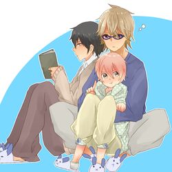  3boys :t bad_id bad_pixiv_id black_hair blue-framed_eyewear book brown_hair full_body glasses grey_eyes kuzira1216 male_focus mikado_nagi multiple_boys ootori_eiichi pink_hair slippers sumeragi_kira uta_no_prince-sama uta_no_prince-sama_maji_love_2000_percent yellow_eyes 