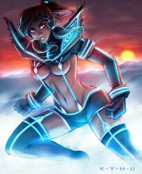  angry black_hair blue_eyes boots boyshorts breasts brown_hair clenched_hand clenched_hands dark_skin elbow_gloves female fist gloves glowing hair_tubes iahfy k-y-h-u kamui_(kill_la_kill) kill_la_kill korra legend_of_korra mountain navel neon_trim open_mouth parody payot sidelocks solo sunset suspenders teeth the_legend_of_korra thigh_boots thighhighs underboob 