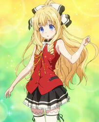  aiguillette alternate_hairstyle amagi_brilliant_park anime_screenshot blonde_hair blue_eyes blush bow cosplay costume cowboy_shot female gradient_background hair_ribbon highres latifa_fleuranza lens_flare long_hair multicolored_background one_side_up open_mouth pleated_skirt ribbon sento_isuzu sento_isuzu_(cosplay) shirt skirt sleeveless sleeveless_shirt solo sparkle thighhighs very_long_hair white_bow white_thighhighs zettai_ryouiki 