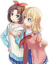  2girls abe_kanari blonde_hair blue_eyes blue_skirt brown_hair cardigan commentary_request cowboy_shot hair_ribbon hairband high_school_fleet hirota_sora jacket low_twintails medium_hair multicolored_clothes multicolored_jacket multiple_girls neckerchief photoshop_(medium) pink_cardigan pleated_skirt purple_eyes red_neckerchief ribbon school_uniform serafuku short_hair simple_background skirt twintails wakasa_reo white_background white_hairband yokosuka_girls_marine_high_school_uniform 