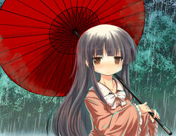  black_hair blunt_bangs blush bow brown_eyes chromatic_aberration collarbone commentary_request faux_traditional_media female forest hime_cut holding holding_umbrella houraisan_kaguya izumi_yukiru japanese_clothes light_smile long_hair looking_at_viewer nature oil-paper_umbrella rain sidelocks solo touhou umbrella upper_body very_long_hair white_bow 