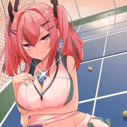  azur_lane ball between_breasts black_hair blush breast_hold breasts bremerton_(azur_lane) bremerton_(scorching-hot_training)_(azur_lane) chain-link_fence cleavage closed_mouth crop_top drink dutch_angle eyelashes female fence glint hair_between_eyes hair_ornament hairclip hand_on_own_chest heart heart-shaped_pupils large_breasts looking_at_viewer medium_hair midriff miniskirt multicolored_hair official_alternate_costume otakummm pocari_sweat red_eyes shirt skirt sleeveless sleeveless_shirt solo sportswear streaked_hair sweatdrop symbol-shaped_pupils tennis_ball tennis_court tennis_net tennis_uniform twintails two-tone_hair wavy_mouth white_shirt wing_collar x_hair_ornament 