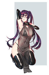  absurdres arm_behind_head arm_up armpits bare_shoulders bespectacled bikini bikini_under_clothes black_bikini breasts cleavage elbow_gloves female glasses gloves hie_(hiememiko) hiememiko highres large_breasts latex long_hair looking_at_viewer navel original photoshop_(medium) purple_eyes purple_hair see-through shiny_clothes smile solo swimsuit thighhighs twintails 