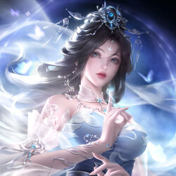  absurdres artist_request bead_bracelet bead_necklace beads black_hair blue_eyes bracelet breasts bug butterfly detached_collar dress facial_mark female forehead_mark hagoromo highres jewelry large_breasts looking_to_the_side necklace parted_lips second-party_source shawl solo teeth tiara upper_body wanmei_shijie white_dress wind yue_chan_(wanmei_shijie) 