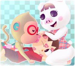  2018 animal_crossing anthro closed_eyes clothing digital_media_(artwork) domestic_pig elise_(animal_crossing) eyewear female female_anthro female_on_human glasses group haplorhine hi_res holding_down human human_on_anthro interspecies kiss_mark kissing lips lipstick lipstick_fetish lucy_(animal_crossing) makeup male male/female mammal monkey nintendo one_eye_closed pink_lipstick pinned pinned_to_ground primate raised_tail red_eyewear red_glasses sirredbenjamin smile suid suina sus_(pig) tail thick_lips topwear trio villager_(animal_crossing) wide_hipped_female wide_hips 