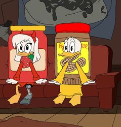  anatid anseriform anthro avian bird clothing costume della della_duck detailed_background disney donald_duck duck ducktales ducktales_(2017) duo female food food_costume furniture hi_res jelly_(food) kigtoons male peanut_butter sitting sofa 