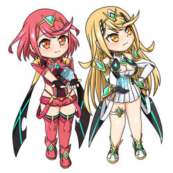  2girls bare_legs bare_shoulders black_gloves blonde_hair breasts chest_jewel chibi cleavage cleavage_cutout clothing_cutout dress earrings elbow_gloves feichu_keju fingerless_gloves gloves jewelry large_breasts long_hair multiple_girls mythra_(xenoblade) paid_reward_available pyra_(xenoblade) red_eyes red_hair red_legwear red_shorts short_dress short_hair short_shorts shorts swept_bangs thigh_strap thighhighs tiara very_long_hair white_dress white_footwear white_gloves xenoblade_chronicles_(series) xenoblade_chronicles_2 yellow_eyes 