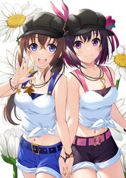  2girls :d akanebi alternate_costume azki_(hololive) belt black_hair blue_eyes bracelet breasts brown_hair cabbie_hat collarbone colored_inner_hair dandelion flower hat highres holding_hands hololive jewelry long_hair medium_breasts midriff multicolored_hair multiple_girls necklace pink_hair purple_eyes shirt short_hair shorts smile tank_top tied_shirt tokino_sora virtual_youtuber 