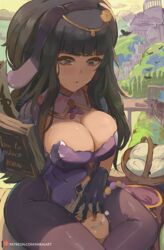  1boy alternate_costume animal_ears basket black_gloves black_hair black_legwear blunt_bangs blush book breasts circlet cleavage fake_animal_ears female fire_emblem fire_emblem_awakening fire_emblem_heroes gloves grey_eyes hairband highleg highleg_leotard large_breasts leotard long_hair mirai_hikari official_alternate_costume pantyhose parted_lips playboy_bunny purple_leotard robin_(fire_emblem) robin_(male)_(fire_emblem) sidelocks tharja_(fire_emblem) tharja_(spring)_(fire_emblem) thighs two_side_up 