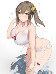  absurdres adone_(pluemza021) azur_lane bra breasts brown_hair cleavage dead_or_alive female fishnet_thighhighs fishnets garter_belt hair_between_eyes hand_in_own_hair highres large_breasts leaning_forward looking_at_viewer medium_hair misaki_(doa) misaki_(golden_photoshoot)_(doa) orange_eyes simple_background solo swimsuit thighhighs underwear wading white_background white_bra 