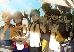  5boys :o animal_ears azarak_fafnir belt bird black_gloves blonde_hair blue_eyes blue_gloves bracelet brown_hair closed_eyes dark-skinned_male dark_skin day earrings eyepatch facial_mark fingerless_gloves forehead_mark gloves green_hair green_horns hair_between_eyes hand_up horns japanese_clothes jewelry kinkan_no_electrum long_hair long_sleeves marcel_(pixiv_fantasia_age_of_starlight) multiple_boys open_mouth outdoors pants pixiv_fantasia pixiv_fantasia_age_of_starlight pointy_ears ranjullo_tomorry ring robe rope seagull ship shirt short_sleeves sidelocks sou-_-you staff suspenders thumb_ring watercraft white_shirt wide_sleeves yawning yellow_lips yellow_nails 