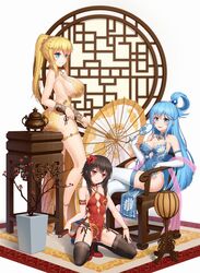  3girls absurdres alternate_costume anarchojs aqua_(konosuba) ass bare_arms bare_shoulders black_panties black_thighhighs blonde_hair blue_dress blue_eyes blue_hair bracelet braid breasts censer chair china_dress chinese_clothes circle cleavage collarbone commentary_request covered_navel crossed_legs crown_braid darkness_(konosuba) dress elbow_gloves flower folded_fan folding_fan full_body garter_belt gloves hair_flower hair_ornament hair_rings hand_fan highres holding holding_fan jewelry kneeling kono_subarashii_sekai_ni_shukufuku_wo! lantern large_breasts lattice long_hair looking_at_viewer medium_breasts megumin multiple_girls oil-paper_umbrella on_chair panties pedestal pelvic_curtain plant ponytail potted_plant red_eyes red_flower red_footwear rug side-tie_panties sideboob simple_background sitting small_breasts smile squatting thigh_strap thighhighs thighs umbrella underwear urn white_background white_legwear 