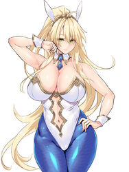  ahoge animal_ears artoria_pendragon_(fate) artoria_pendragon_(swimsuit_ruler)_(fate) bare_shoulders blonde_hair blue_necktie blue_pantyhose blush braid breasts cleavage closed_mouth clothing_cutout collarbone commentary_request detached_collar eyes_visible_through_hair fate/grand_order fate_(series) female fingernails fishnet_pantyhose fishnets french_braid green_eyes hair_between_eyes hand_on_own_hip hayama_kazusa highleg highleg_leotard highres large_breasts leotard lips long_fingernails long_hair looking_at_viewer navel navel_cutout necktie pantyhose playboy_bunny ponytail rabbit_ears shiny_clothes shiny_skin sidelocks simple_background smile solo strapless strapless_leotard thighs tiara very_long_hair white_background white_leotard wrist_cuffs 