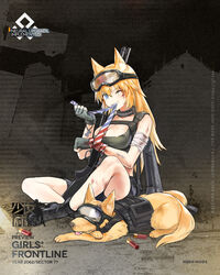  animal animal_ears bad_link bandages black_footwear black_gloves blonde_hair blue_eyes boots breasts canine character_name cleavage closed_eyes damaged female fingerless_gloves first_aid full_body girls&#039;_frontline gloves goggles goggles_on_head gun highres holding holding_gun holding_weapon injury kisetsu large_breasts long_hair m500_(girls&#039;_frontline) m500_(mod3)_(girls&#039;_frontline) mossberg_500 mouth_hold official_alternate_costume official_art one_eye_closed promotional_art pump_action shield shield_module shotgun shotgun_shell sitting solo tail torn_clothes weapon 