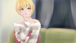  bare_shoulders blonde_hair blurry blurry_background couch curtains female flower fur_sweater green_eyes highres hugging_object idolmaster idolmaster_cinderella_girls ishita_teru long_eyelashes miyamoto_frederica off-shoulder_sweater off_shoulder pink_lips short_hair sitting striped_clothes striped_sweater sweater ueki-chan 