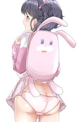  animal_bag ass back backpack bag black_hair bow butt_crack clothes_lift cowboy_shot female from_behind fukumaru_koito hair_ribbon hairbow highres holding_strap idolmaster idolmaster_shiny_colors jacket long_sleeves looking_at_another machismo_fuji open_mouth panties pantyshot pink_bag pink_jacket pink_panties pink_ribbon pink_skirt plaid plaid_skirt pleated_skirt purple_eyes rabbit_bag ribbon short_hair simple_background skirt skirt_caught_on_object skirt_lift solo standing twintails underwear white_background 