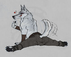  anthro anus barely_visible_anus bedroom_eyes bulge canid canine canis claws death_(puss_in_boots) dreamworks fur grey_body grey_fur half-closed_eyes heart_symbol licking licking_lips licking_own_lips looking_back male mammal narrowed_eyes pants_only paws puss_in_boots_(dreamworks) question_mark red_eyes seductive shirtless smollco solo spread_legs spreading tail tail_motion tail_movement tailwag tongue tongue_out white_body white_fur wolf 