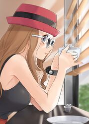  blush breasts brown_hair commentary_request cup eyelashes female from_side grey_eyes hands_up hat highres holding holding_cup indoors long_hair mega_ring milk_carton pink_hat pokemon pokemon_xy ririmon saucer serena_(pokemon) shirt sleeveless sleeveless_shirt solo steam sunglasses table white-framed_eyewear window window_blinds 