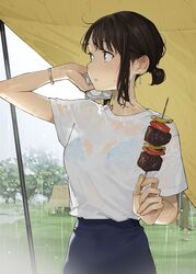  blue_bra blue_skirt bra bra_visible_through_clothes bracelet brown_eyes brown_hair commentary douki-chan_(douki-chan) earrings female food ganbare_douki-chan highres holding holding_skewer jewelry kebab looking_away looking_to_the_side outdoors parted_lips rain see-through shirt short_sleeves sidelocks skewer skirt solo_focus standing tanuki underwear wally_(where&#039;s_wally) wet wet_clothes wet_hair wet_shirt where&#039;s_wally white_shirt yomu_(sgt_epper) 