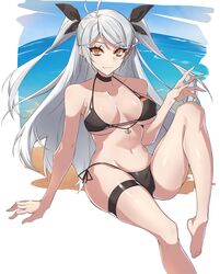  absurdres anchor_ornament arm_behind_back azur_lane beach bikini black_bikini black_choker black_ribbon black_straps breasts breasts_apart choker commentary_request day female flag_print german_flag_bikini groin hair_ribbon hand_up highres knee_up large_breasts legs long_hair looking_at_viewer medium_breasts multicolored_hair navel ocean official_alternate_costume orange_eyes ouka_(sakura_oinari) outdoors outside_border prinz_eugen_(azur_lane) prinz_eugen_(unfading_smile)_(azur_lane) red_hair ribbon side-tie_bikini_bottom skindentation smile solo streaked_hair swimsuit thigh_strap thighs two-tone_hair two_side_up very_long_hair white_hair 