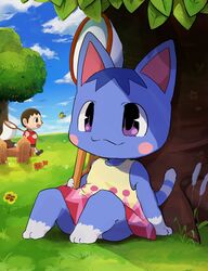  animal_crossing anthro blue_body blue_fur clothing dagasi domestic_cat dress duo felid feline felis female fur grass hi_res human mammal nintendo outside rosie_(animal_crossing) tree video_games villager_(animal_crossing) 