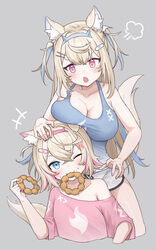  2girls absurdres animal_ears bandaid bandaid_hair_ornament blue_eyes blue_hair blue_shirt blush breasts cleavage cross_hair_ornament crumbs dog_ears dog_girl dog_tail doughnut eating flat_chest food food_in_mouth fuwawa_abyssgard grey_background hair_ornament hairclip highres holding holding_food hololive hololive_english large_breasts mococo_abyssgard multicolored_hair multiple_girls one_eye_closed open_mouth orenji_(user_fknw7775) pink_eyes pink_hair pink_skirt pon_de_ring shirt siblings simple_background sisters skirt streaked_hair tail twins two_side_up virtual_youtuber x_hair_ornament 