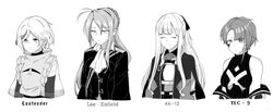  4girls ak-12_(girls&#039;_frontline) asymmetrical_bangs asymmetrical_hair braid breasts character_name closed_eyes closed_mouth coat commentary_request contender_(girls&#039;_frontline) eyewear_on_head facial_mark fujinoki_(horonabe-ken) girls&#039;_frontline greyscale hair_ribbon jacket jacket_on_shoulders lee-enfield_(girls&#039;_frontline) long_hair long_sleeves monochrome monocle multiple_girls ribbon see-through see-through_sleeves short_hair simple_background sleeveless smile tec-9_(girls&#039;_frontline) upper_body 