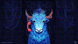  16:9 2016 ambiguous_gender black_eyes blue_body blue_fur bovid bovine electronics english_text feral fur hi_res looking_at_viewer mammal phone server solo sylvia_ritter text wallpaper widescreen yak 