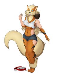  2018 4_toes 5_fingers anthro arcanine better_version_at_source black_markings black_nose blue_eyes breasts candy chocolate compression_artifacts dessert fangs feet female fingers food fur generation_1_pokemon human_to_anthro markings nintendo open_mouth open_smile orange_body orange_fur pokemon pokemon_(species) simple_background smile solo species_transformation standing teeth toes tomek1000 transformation under_boob white_background 