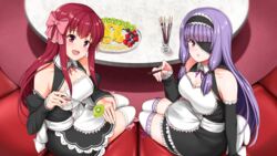  2girls :o amane_(dream_c_club) bow detached_sleeves dream_c_club dream_c_club_(series) eyepatch food fork fruit hairbow headdress highres hisakabe_oto hostess kiwi_(fruit) long_hair looking_at_viewer maid mari_(dream_c_club) multiple_girls open_mouth orange_(fruit) pink_eyes pocky purple_hair red_hair strawberry thighhighs white_legwear 