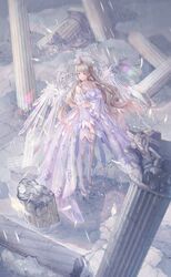  bangs column criin crown crystal_earrings crystal_wings dress earrings eyebrows_visible_through_hair female game_cg gem high_heels highres jewelry krista_(shining_nikki) lavender_dress long_hair necklace official_art pillar platform_footwear platform_heels rain ring ruins see-through_skirt shining_nikki skirt solo thighhighs transparent_wings 