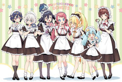  6+girls alternate_costume alternate_hairstyle animal_on_head apron black_hair black_legwear bliss_(ferment_factory) blonde_hair blue_eyes blue_hair bonnet breasts brown_hair canine commentary dessert dog_on_head doughnut dress everyone eyes_visible_through_hair flower food frilled_dress frilled_shirt_collar frills full_body gloves hair_between_eyes hair_flower hair_ornament highres holding holding_food hoshikawa_lily konno_junko light_blue_hair light_green_hair long_hair looking_at_another looking_at_food looking_at_viewer maid maid_apron maid_headdress medium_hair minamoto_sakura mizuno_ai multicolored_hair multiple_girls neck_ribbon nikaidou_saki on_head open_mouth orange_eyes orange_hair pantyhose ponytail red_eyes red_hair ribbon romero_(zombie_land_saga) short_hair short_sleeves side-by-side side_ahoge skirt_hold socks star_(symbol) star_hair_ornament streaked_hair striped striped_background twintails very_long_hair white_gloves white_hair yamada_tae yuugiri_(zombie_land_saga) zombie_land_saga 