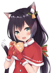  animal_ear_fluff animal_ears blush cat_ears cat_girl cat_tail christmas commentary female fur_trim gift gloves green_eyes hair_ornament hair_ribbon holding holding_gift karyl_(princess_connect!) kohana_(princessxhana) long_hair looking_at_viewer multicolored_hair oerba_yun_fang open_mouth princess_connect! purple_hair red_gloves ribbon santa_costume simple_background solo streaked_hair tail upper_body very_long_hair white_background white_hair 