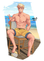  1boy abs ball bara beach blonde_hair blue_eyes bulge full_body granblue_fantasy highres large_pectorals looking_at_viewer male_focus male_swimwear mikadzuki_akaru_(mktskakaru) muscular muscular_male navel nipples official_alternate_costume outdoors pectorals sand short_hair solo swim_trunks topless_male v vane_(granblue_fantasy) vane_(summer)_(granblue_fantasy) volleyball volleyball_(object) water 